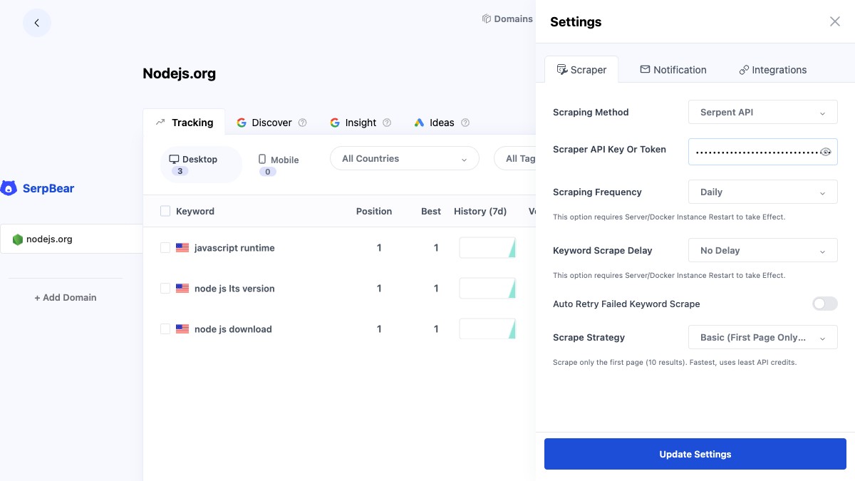 SerpBear settings panel showing the custom Serpent API scraper selected as the scraping method with the API key field masked